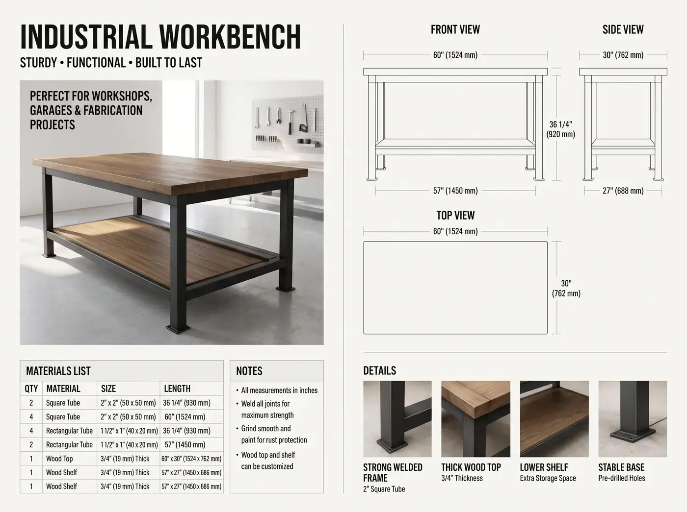 Industrial Workbench plan sheet — dimensioned front, side and top views with materials list