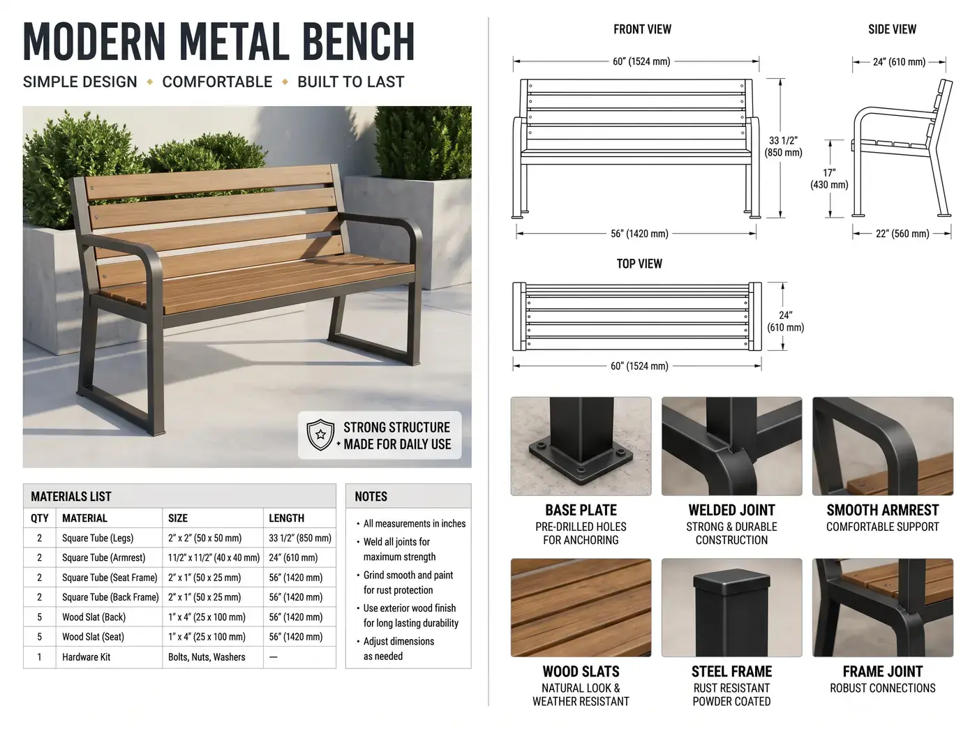 Modern Metal Bench plan sheet — dimensioned front, side and top views with materials list