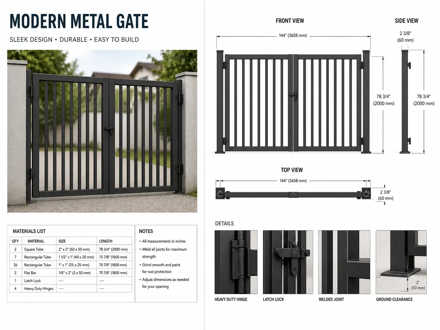 Modern Metal Gate plan sheet — dimensioned front, side and top views with materials list