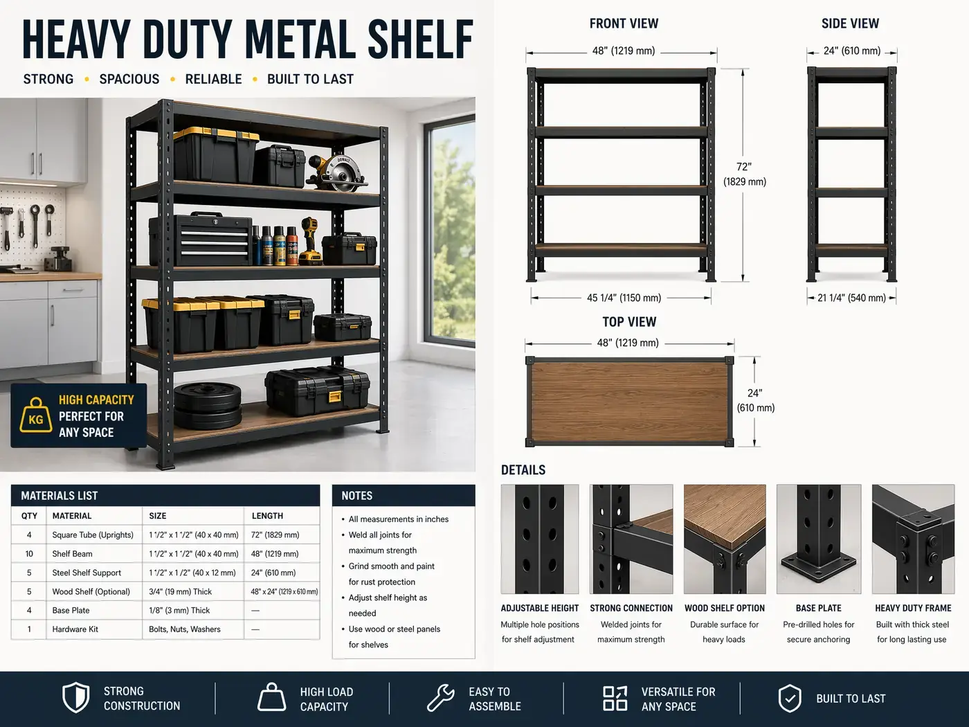 Heavy Duty Metal Shelf plan sheet — dimensioned front, side and top views with materials list