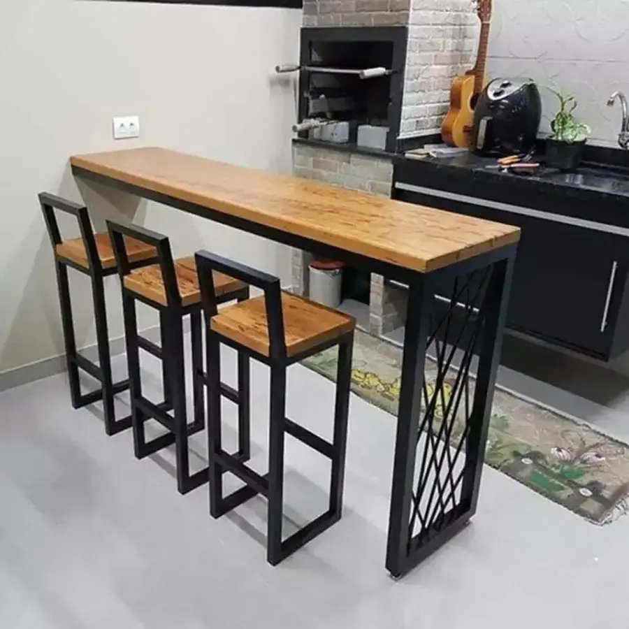 Steel and wood breakfast bar with three stools