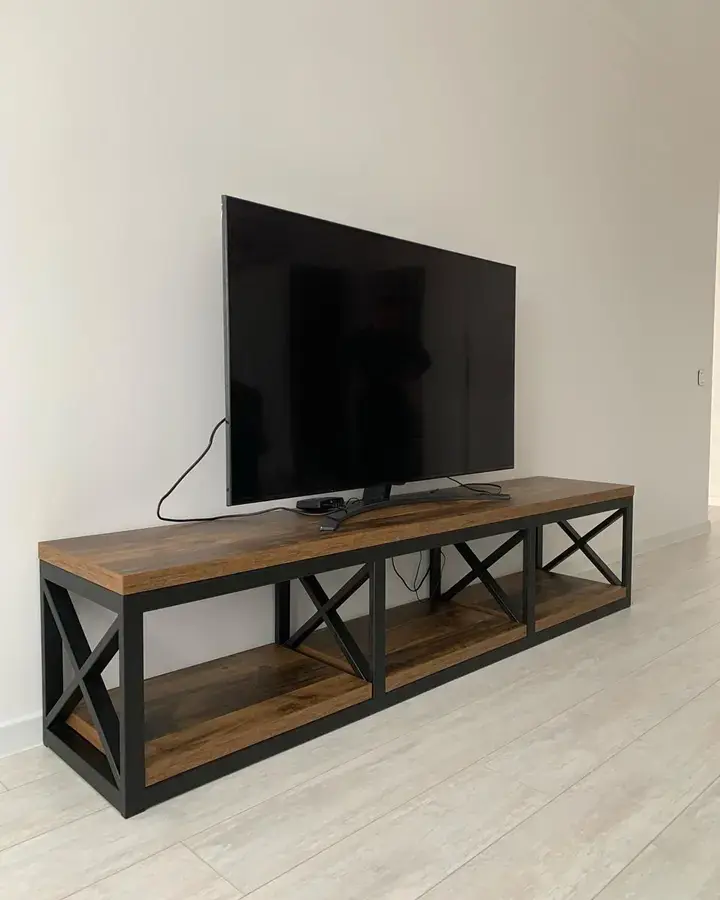 Long steel and wood TV console