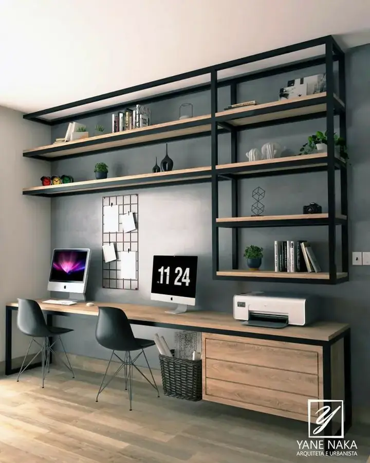 Home office desk with steel wall shelving